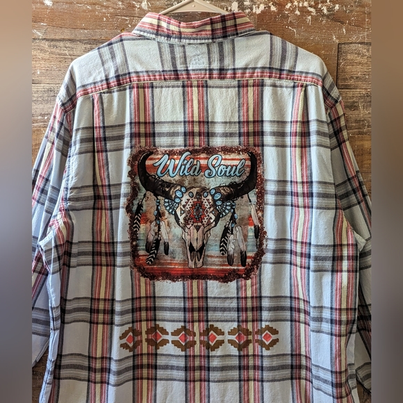NWT Upcycled Handcrafted Button Down Shirt With Boho Wild Soul Bull - Picture 2 of 14